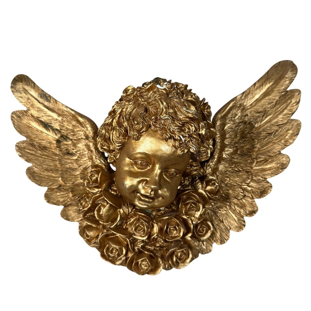 Vintage Style Gold‎ Cherub Angel Wall Hanging Decor Ornate Roses Gilded Gallery